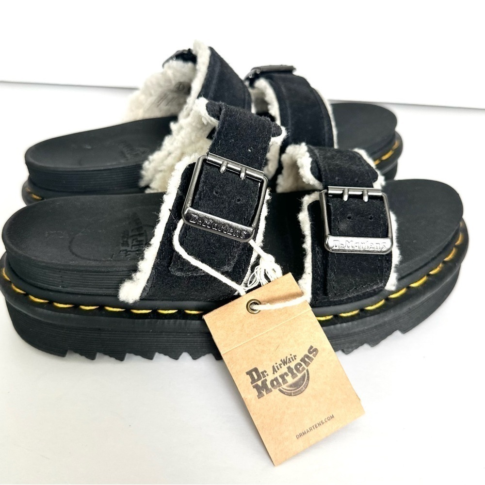 NWT Dr. Martens Myles black leather two-buckle sandals slide fur fleece NIB sz 6 - Picture 7 of 15